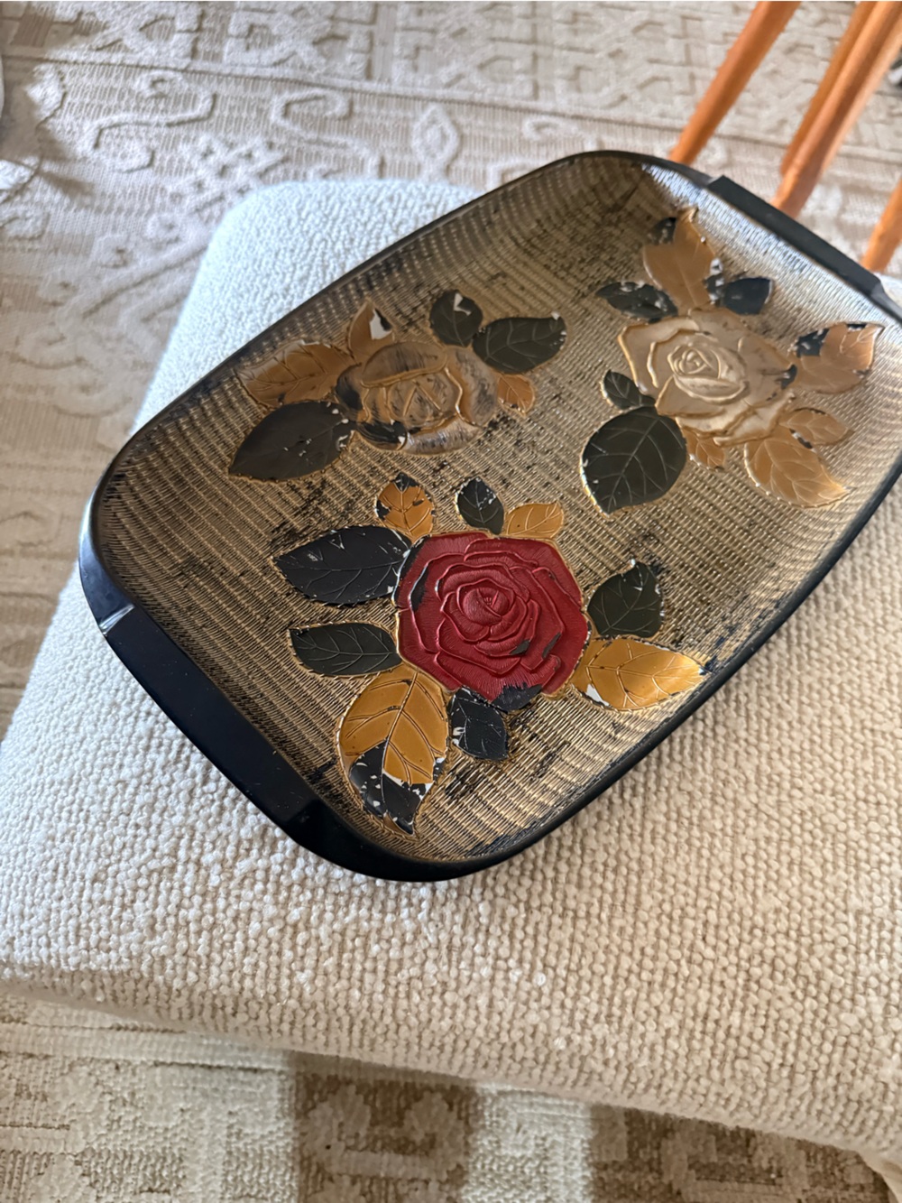 Vtg Mcm Mid Century Vintage Acrylic Embossed Roses Flowers Tray Black Gold 16.5”